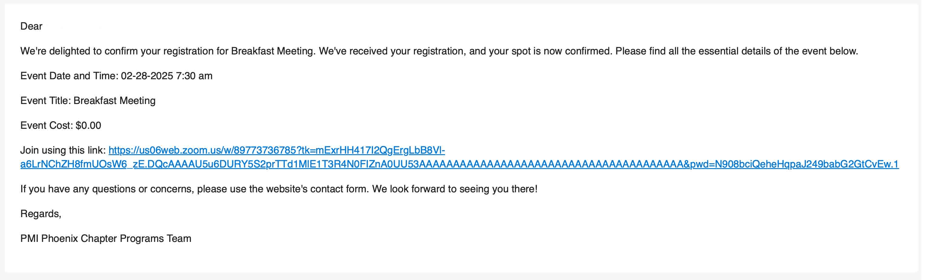 PMI Phoenix Chapter Event Registation Confirmation